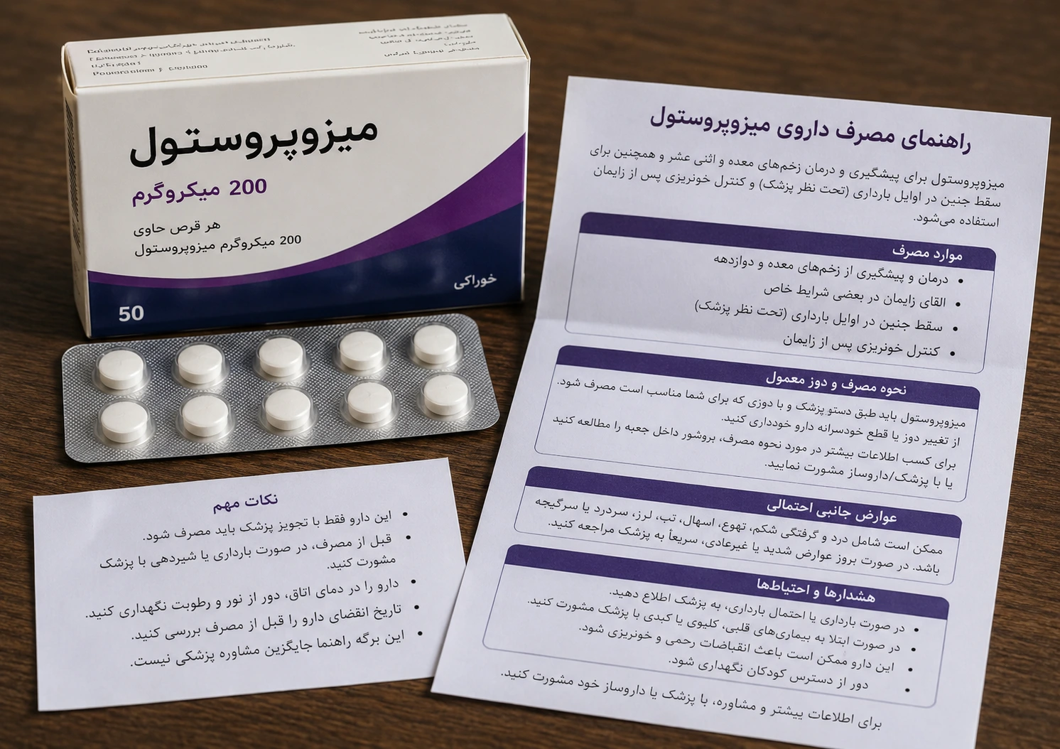 «جعبه داروی میزوپروستول ۲۰۰ میکروگرم به همراه یک بلیستر قرص و برگه راهنمای چاپشده روی میز چوبی. در برگه راهنما اطلاعاتی درباره موارد مصرف، نحوه مصرف، عوارض جانبی و هشدارهای دارو به زبان فارسی درج شده است.»