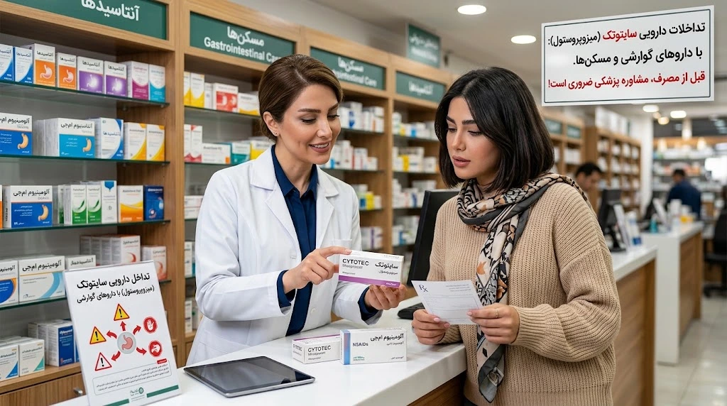 زنی برای مشاوره تداخل دارویی سایتوتک به داروخانه رفته تا از دکتر داروساز درباره قرص سایتوتک سئوال کند